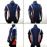 A polo shirt featuring navy blue, red, and white panels, displayed from multiple angles on a mannequin.