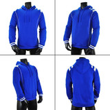 A blue hoodie featuring white stripe details, displayed from multiple angles on a mannequin.