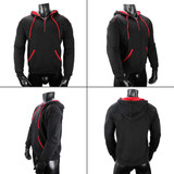 A black hoodie with red accents and a front pocket, displayed from multiple angles. It has a drawstring hood and a logo.