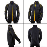 A black jacket with yellow accents, featuring a full zip and multiple angles displayed. It has a logo on it.