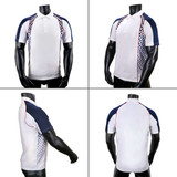 A polo shirt featuring a white body with blue and checkered design elements on the sleeves. It has a logo on it.