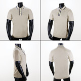 A beige polo shirt with a contrasting collar, displayed from multiple angles on a mannequin. It features a logo.