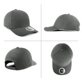 A grey cap displayed from multiple angles, featuring a logo on the side and a snapback closure at the rear.