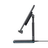 A foldable black wireless charging stand with adjustable height suitable for phones and tablets.
