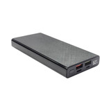 A black wireless power bank with a textured finish and multiple charging ports. It features a digital display.