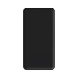 A black power bank with a sleek design, featuring a logo on the surface.