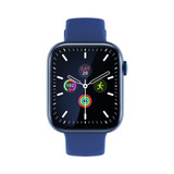 A blue smart watch with a square face displaying various fitness metrics and a circular interface.