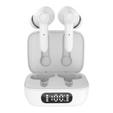 White Thorpe TWS earbuds positioned in their charging case, featuring a digital display.