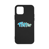 A black iPhone case featuring a logo in green and blue. The case is designed for phone protection.