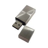 A metallic silver flash drive with a removable cap, featuring a sleek, brushed finish.