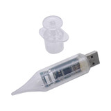 A syringe-shaped flash drive in clear plastic, featuring a USB connector and a removable cap.