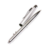 A silver stylus 4-in-1 pen featuring a smooth finish and a clip for attachment, with a stylus tip at one end.