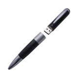 A black and silver metal pen with a USB drive component, featuring a logo on its body.
