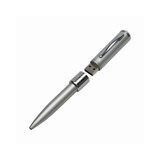 A metal pen with a sleek silver design that features a removable USB drive. It has a clip and smooth finish.