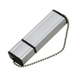 A silver flash drive with a black end, attached to a metal chain. It has a sleek, rectangular design.