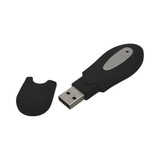 A black flash drive with a silver accent and a removable cap. It features a simple, ergonomic design.