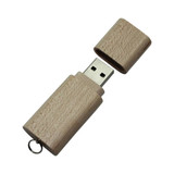 A wooden flash drive in a light shade, with a removable cap and a keyring attachment.