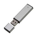 A silver flash drive with a removable cap and a sleek design. It features a subtle logo on the surface.