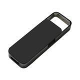 A black flash drive with a sleek design and a metallic frame, featuring a logo on the surface.