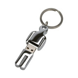 A chrome flash drive shaped like a human figure, attached to a keyring for easy carrying.