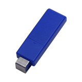 A blue flash drive with a metallic connector and a smooth design. Includes a branding logo.