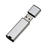A silver flash drive with a removable cap, featuring a USB connector and a sleek design.