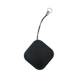 A black square-shaped tracker with a small button and a loop for attachment.