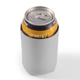 A drink can is displayed inside a gray stubby cooler. The cooler is designed to keep beverages cold.