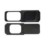 A black webcam cover slide with a sliding mechanism, featuring two pieces for easy camera privacy.