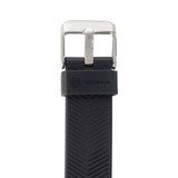 A smart band with a black rubber strap and silver buckle, featuring a logo on the strap.