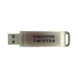 A silver flash drive with a twist design and a branding logo. It features a USB 3.0 connection for technology use.