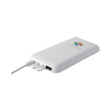 A white power bank with a logo and multiple charging ports, featuring a sleek, slim design.
