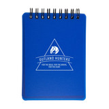 A blue spiral-bound notebook with a logo and a geometric design on the front cover.