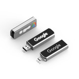 A silver and black flash drive with a USB and Type-C connector, featuring a logo on the side.