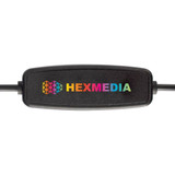 A black power control with a colourful logo, featuring a hexagon design and the word "HEXMEDIA."