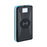 A wireless power bank with a blue and black design featuring a logo and textured surface.