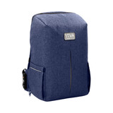 A navy blue backpack with a sleek design, featuring side pockets and a visible logo.