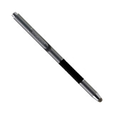 A silver stylus pen with a black grip and a logo, designed for writing and touchscreen use.