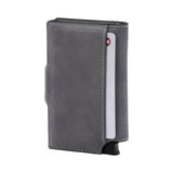 A grey vegan wallet with a sleek design displaying a card partially inserted and featuring a logo.