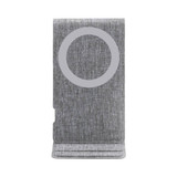 A grey wireless charger with a textured finish and a circular design element. It has a simple, modern look.