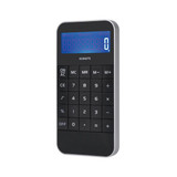A black and silver calculator with a blue digital display, featuring 10 digits and various function buttons.