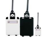 A set of Venezia luggage tags in white and black, featuring a clear panel for name information.