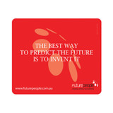 A red deluxe PVC mouse pad featuring an abstract design and a logo, with white text.