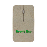 A wireless mouse in a light beige colour with a textured finish and a logo on the front.
