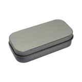 A grey rectangular tin container with a smooth surface and rounded edges, featuring a lid.