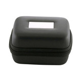 A black zippered adaptor case with a smooth exterior and a rounded shape, featuring a logo on the front.