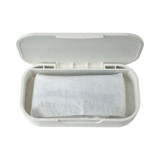 A hinged lunch box in white with a removable inner compartment, featuring a brand logo inside.
