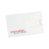 A white slimline credit card flash drive featuring a logo and a printed phrase, designed for easy portability.