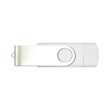 A white Mix N Match Type-C flash drive with a silver swivel cover and a circular button. It features a logo.