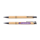 A pen with a natural kraft paper body, silver accents, and a logo, featuring a sleek design and click mechanism.